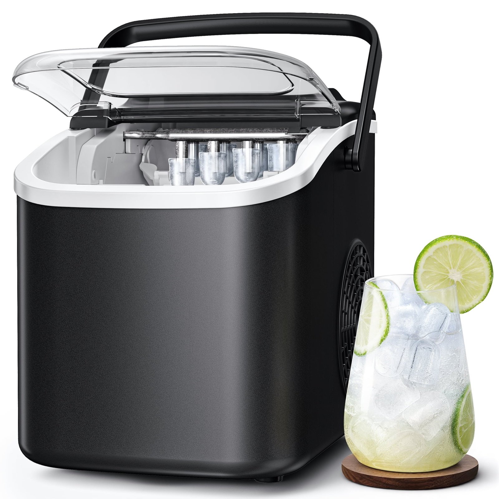 Goosiay Countertop Ice Maker, 26lbs Portable Small Ice Makers with Handle, 8 Cubes in 6 Mins, 2 Size of Bullet Ice, Self-Cleaning Mini Ice Machine for Home, Kitchen, RV, Camping, Black