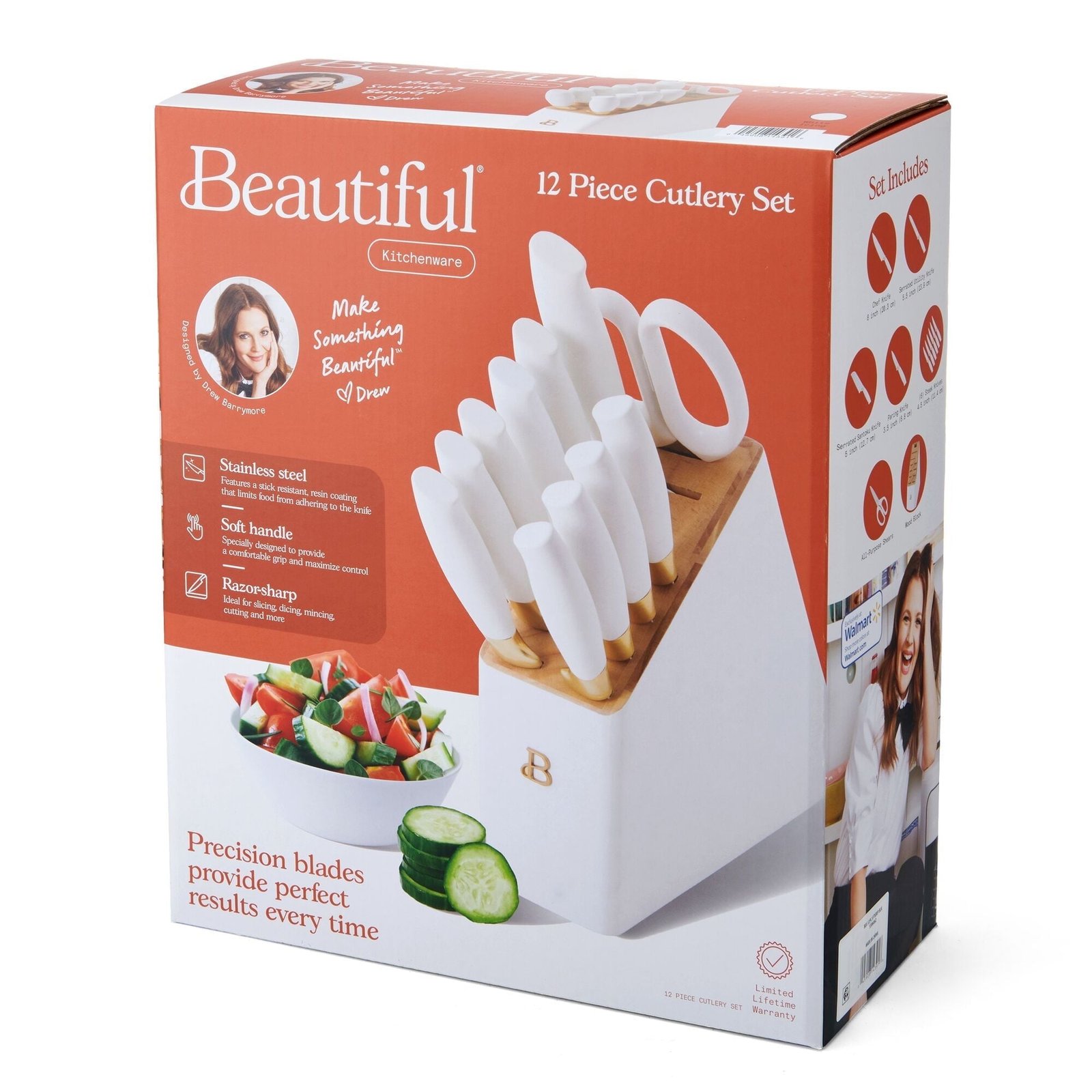 Beautiful 12 Piece Stainless Steel Knife Block Set, Soft-Grip Handles White Icing by Drew Barrymore