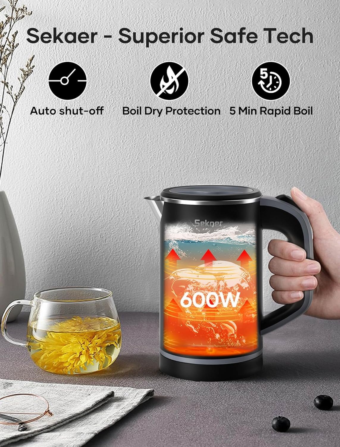 Sekaer Travel Electric Tea Kettle with Auto Shut-Off & Boil Dry Protection, 304 Stainless Steel Mini Portable Water Boiler, 0.8 L Fast Heating Coffee Kettle, Perfect Holiday Gifts Black