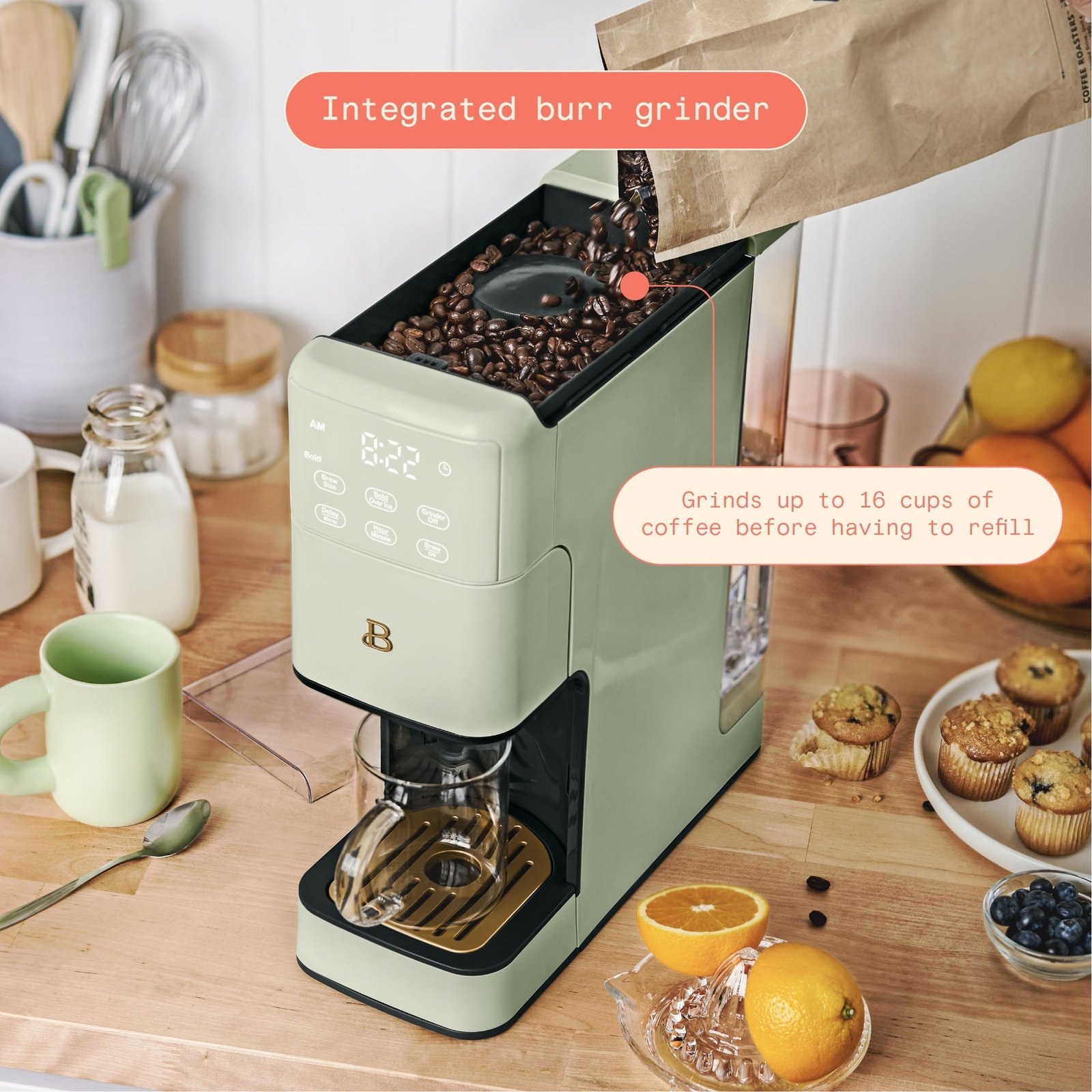 Beautiful Perfect Grind™ Programmable Single Serve Coffee Maker, Sage Green by Drew Barrymore