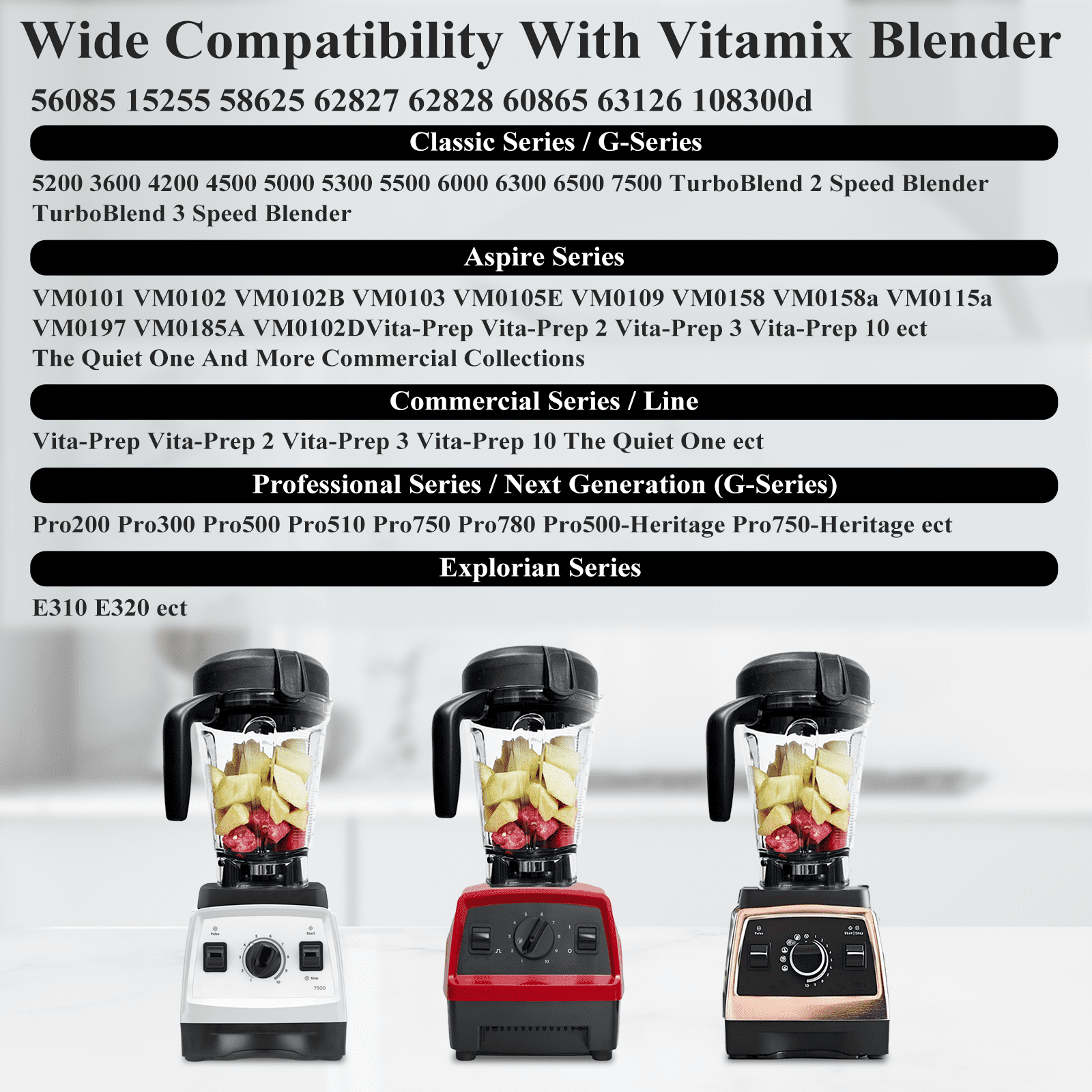 For Vitamix Blender Pitcher 64oz Low-Profile, Replacement Pitcher for Vitamix 750 5200 7500 6300 Vm0103 Vm0197 E310 G/Classic C/Explorian/Commercial series etc