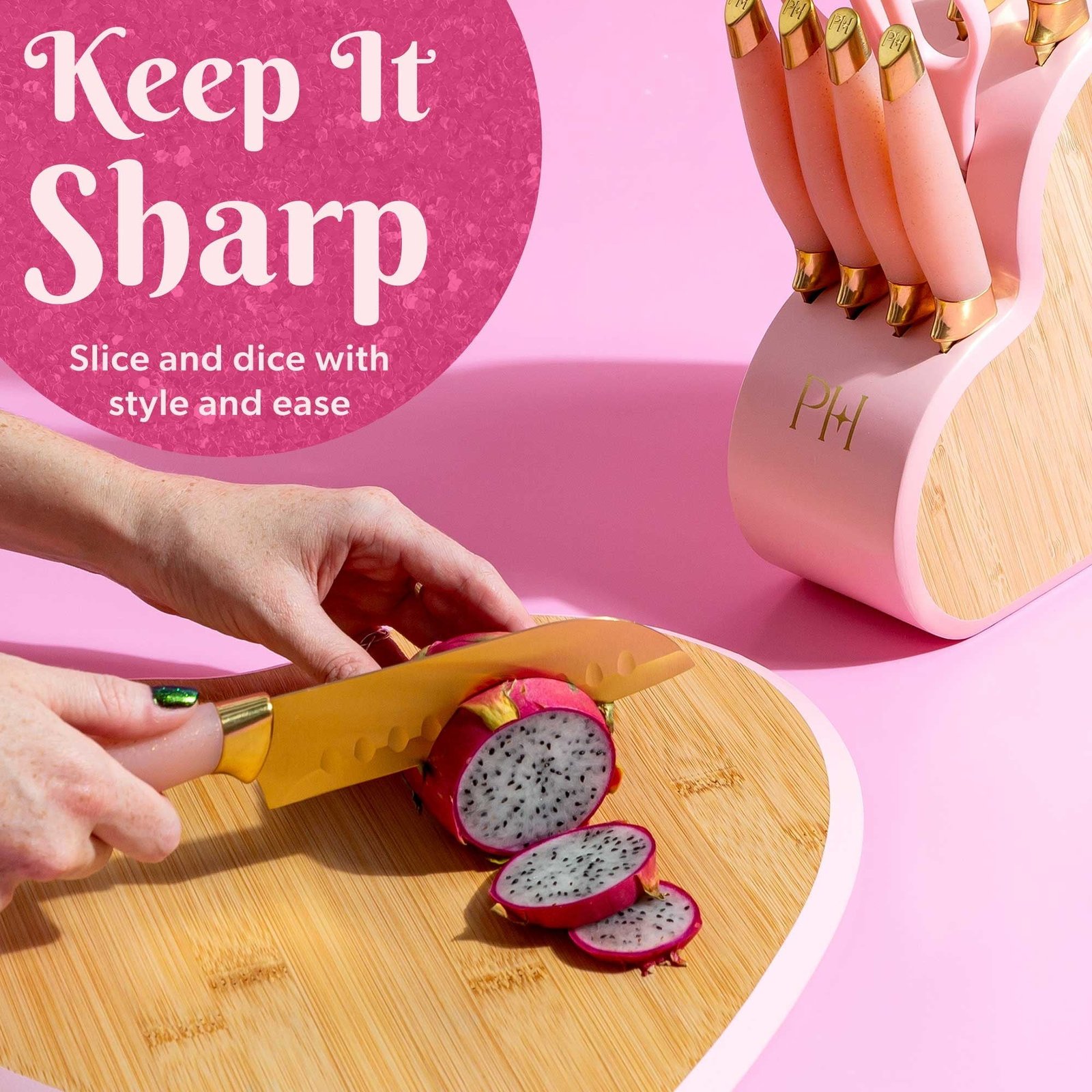 Paris Hilton 10-Piece Heart-Shaped Stainless Steel Knife Block Set, Pink