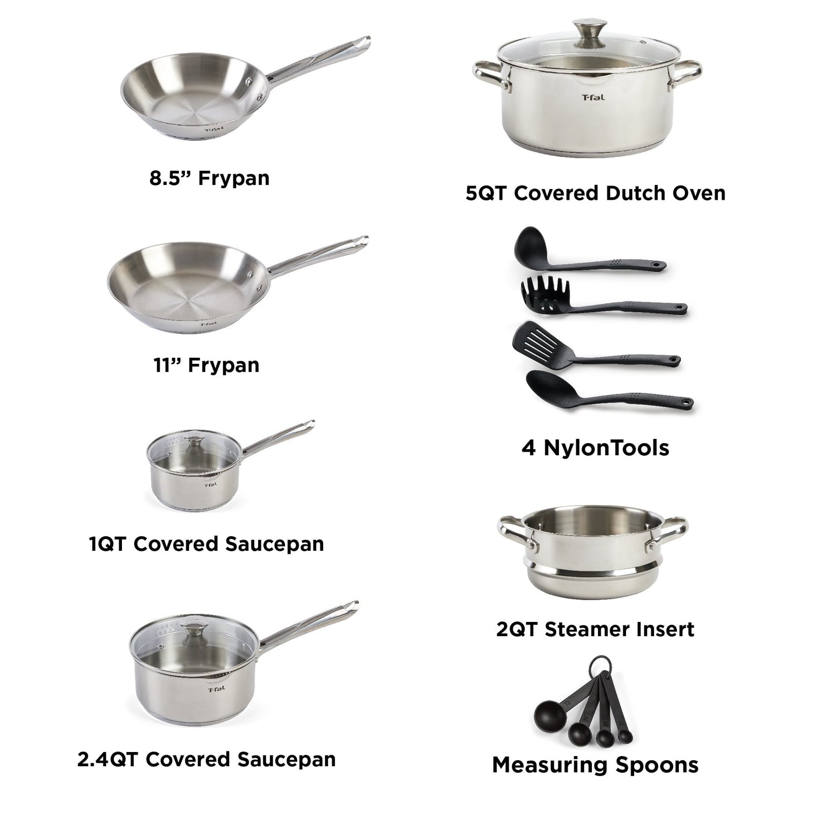 T-fal Cook & Strain Stainless Steel Cookware Set, 14 piece Set