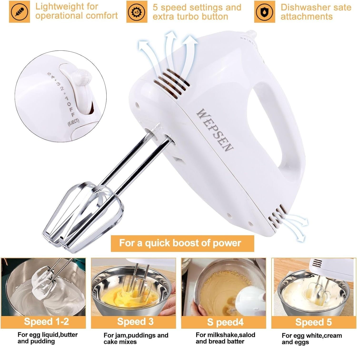 Hand Mixer Electric Mixing Bowls Set, 5 Speeds Handheld Mixer with 5 Nesting Stainless Steel Mixing Bowl, Measuring Cups Spoons 200W Kitchen Blender Whisk Beater Baking Supplies For Beginner