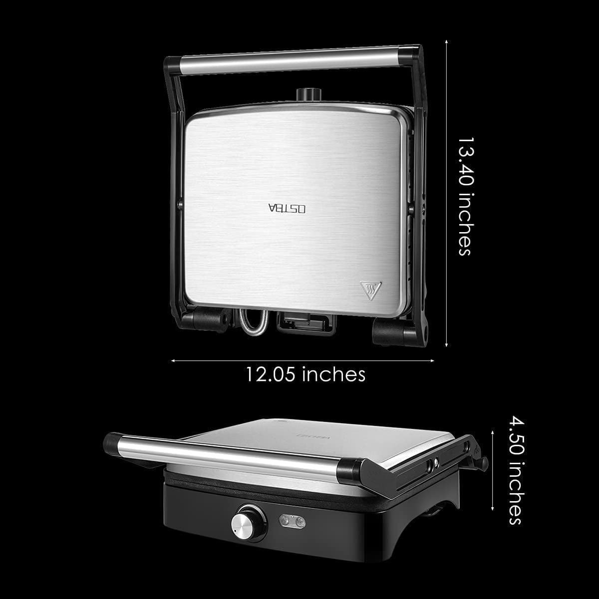 OSTBA Panini Press Grill Indoor Grill Sandwich Maker with Temperature Control, 4 Slice Non-stick Versatile Grill, Opens 180 Degrees to Fit Any Type or Size of Food, Removable Drip Tray