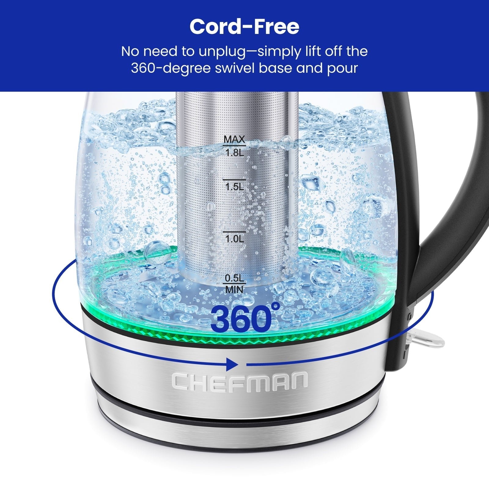 Chefman Rapid-Boil 1.8L Electric Tea Kettle w/ Keep Warm and Tea Infuser - Stainless Steel