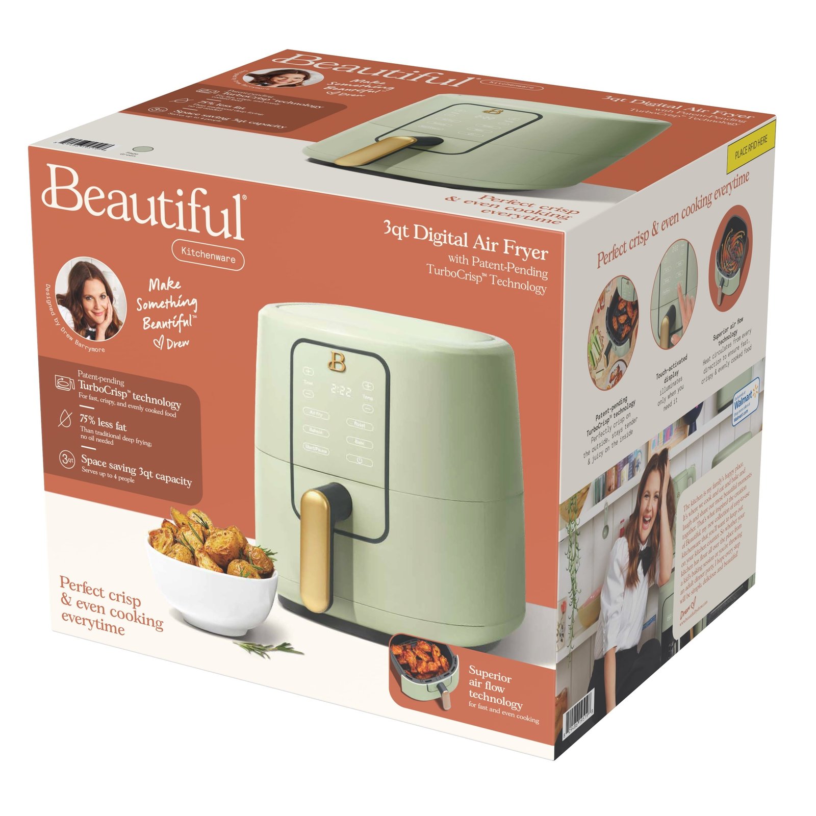 Beautiful 3 Qt Air Fryer with TurboCrisp Technology, Sage Green by Drew Barrymore