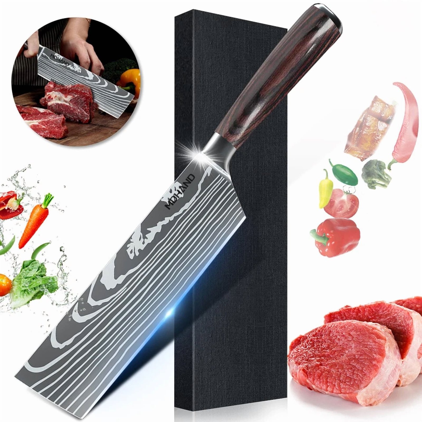 7" Nakiri Knife Kitchen Chef'S Knife Damascus Laser Stainless Steel Meat Slicing