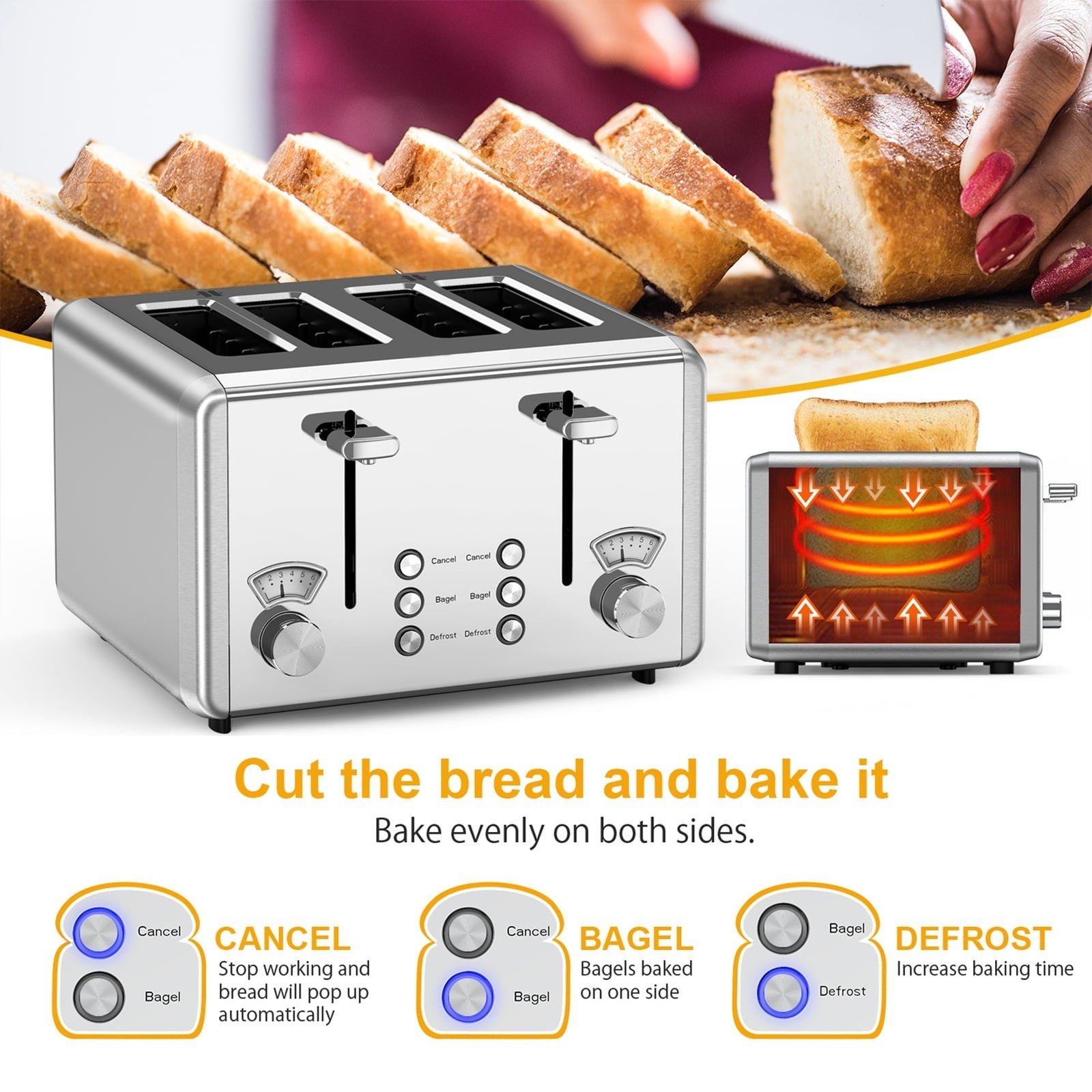 WHALL 4 Slice Toaster - Stainless Steel Bagel Toaster with Dual Control Panels, 6 Shade Settings,Silver