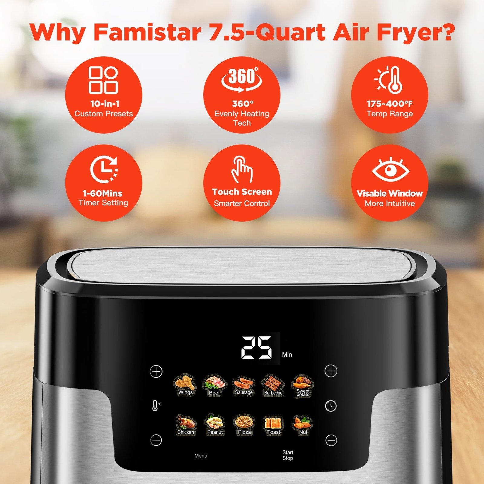 Air Fryer, 7.5QT Air Fryer Oven Oilless Cooker, 10-in-1 Hot Air Fryers with Digital LED Touch Screen, 10 Preset Cookings, Dishwasher-Safe Basket, Including Air Fryer Paper Liners 100PCS