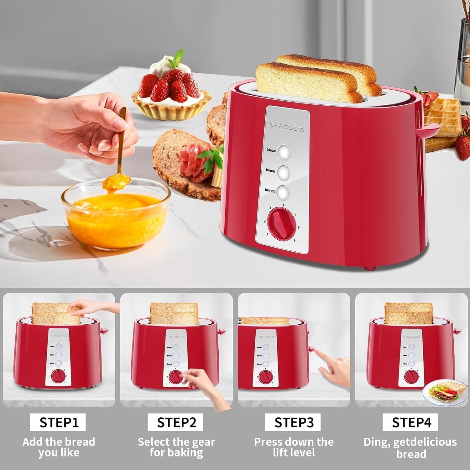 SEEDEEM Toaster 2 Slice, Extra Wide Slot Toaster, 7 Shade Settings, Bread Toaster with Cancel, Defrost, Reheat Function, Extra Wide Slots for Waffle or Bagel, Removable Crumb Tray, 750W, Retro Red