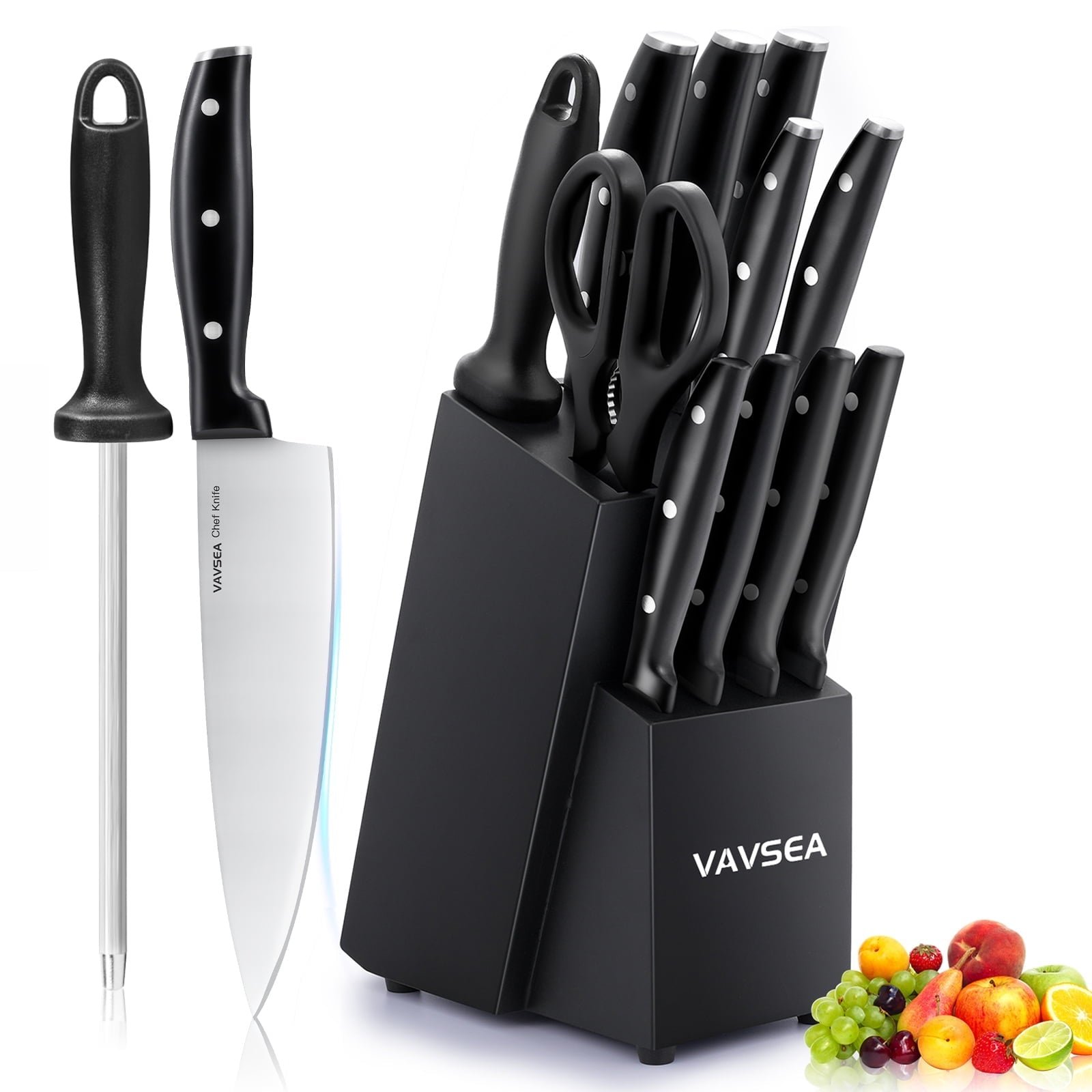 VAVSEA Kitchen Knife Set with Sharpening Steel, German Knife Block Set with Healthy Anti-Rust Coating, 12Pcs Knife Set for Dishwasher Safe, Cooking Utensils, Gifts for Christmas, Black
