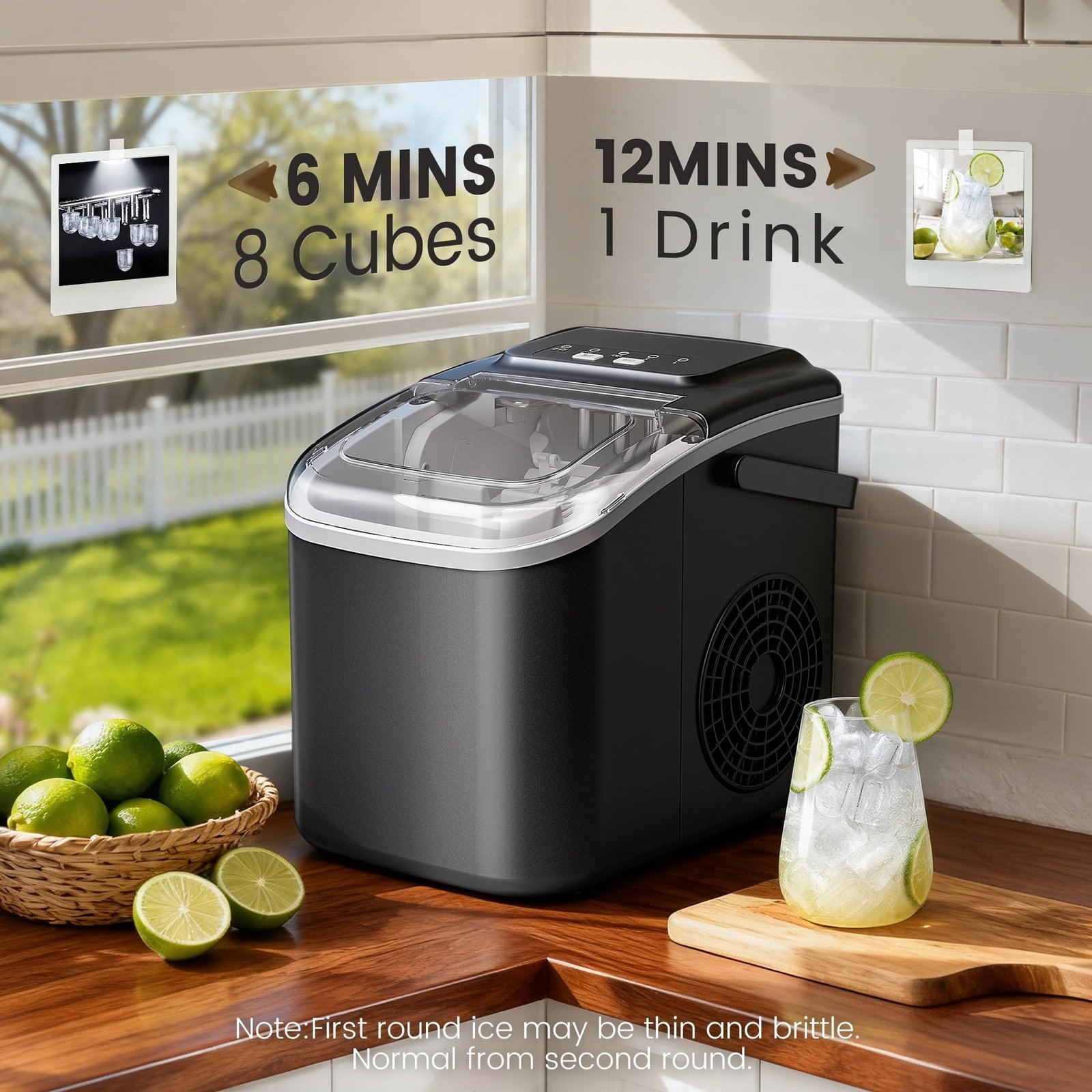 Goosiay Countertop Ice Maker, 26lbs Portable Small Ice Makers with Handle, 8 Cubes in 6 Mins, 2 Size of Bullet Ice, Self-Cleaning Mini Ice Machine for Home, Kitchen, RV, Camping, Black