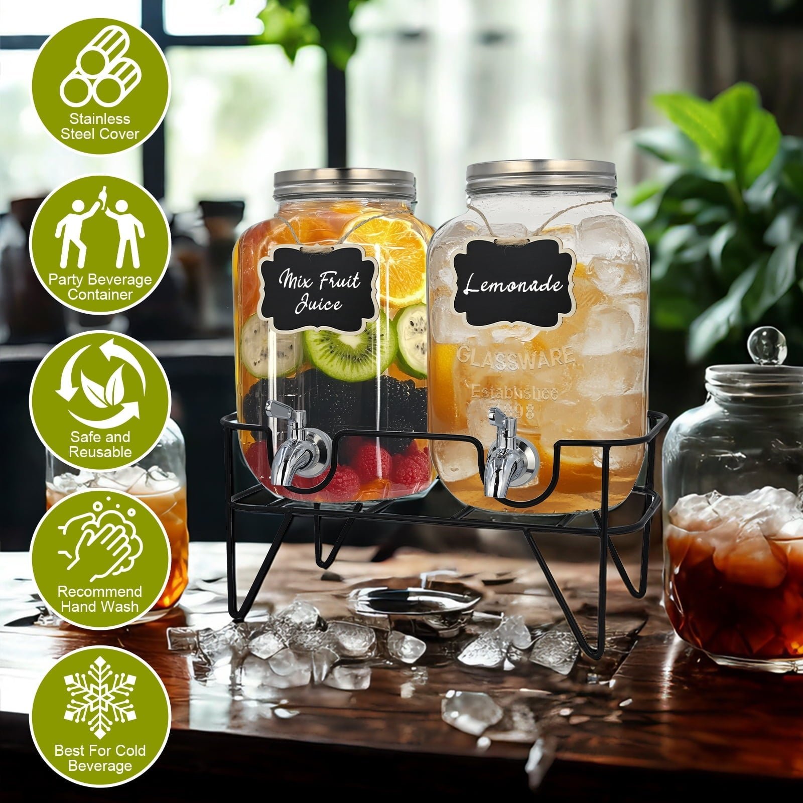 Soulgenix 2 Gallon Glass Drink Dispenser Set, Drink Dispensers for Parties Beverage Dispenser with Stand and Stainless Steel Spigot for Juice, Fruit Tea and Lemonade