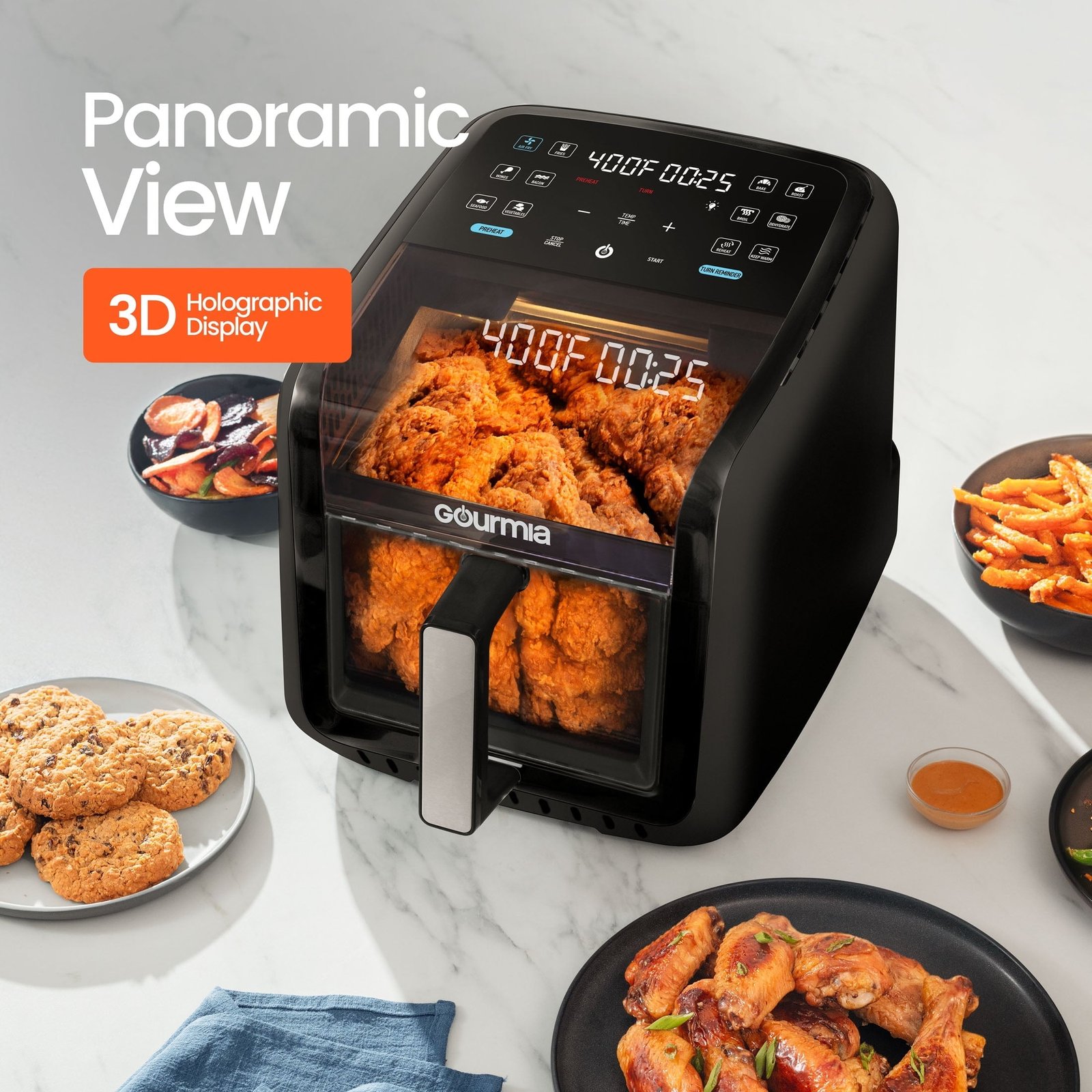 Gourmia Panorama 7-QT Digital Air Fryer with Panoramic View, Holographic Display, & 12 Presets, Black
