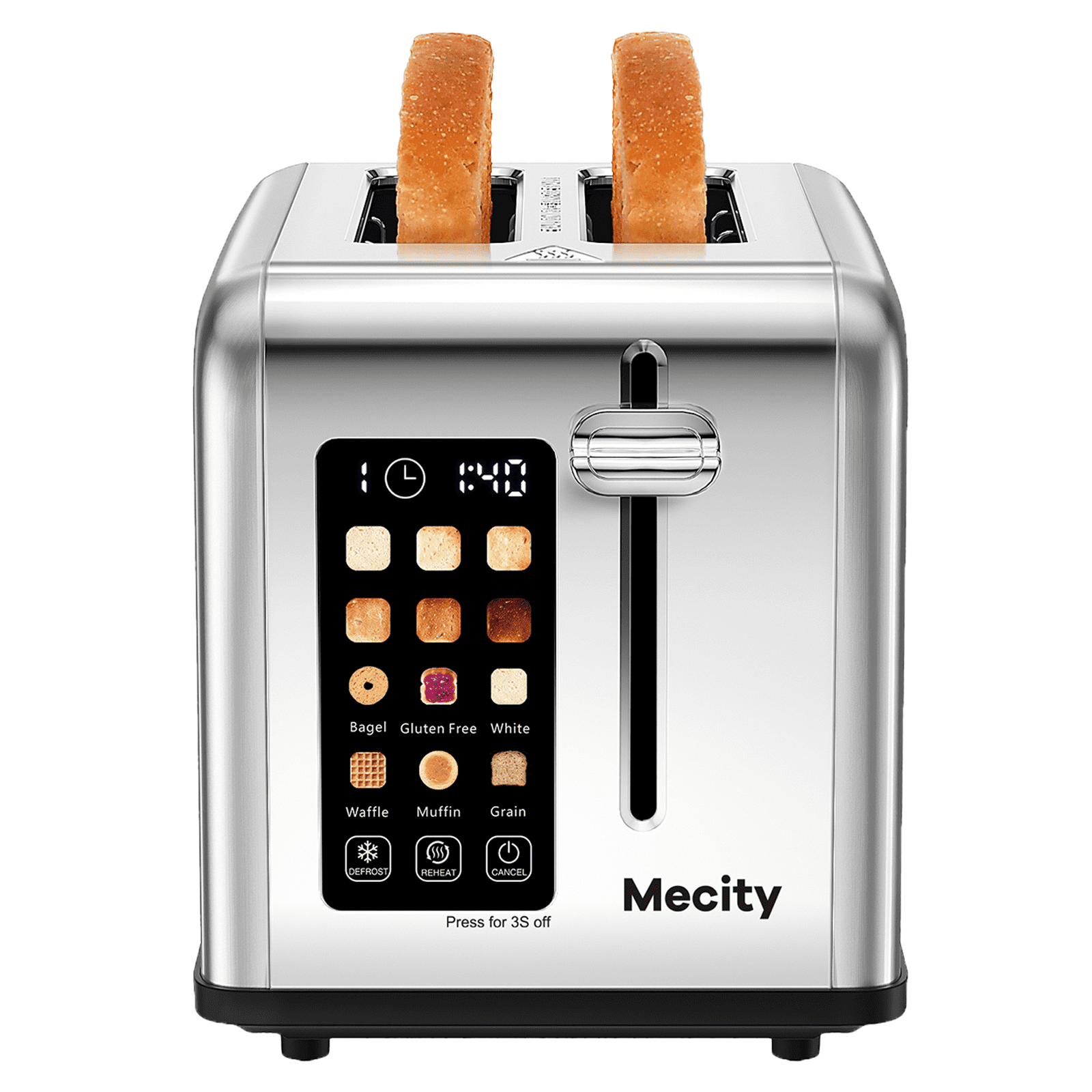 Mecity 2-Slice Touchscreen Toaster, Stainless Steel, 6 Shade Settings, Reheat, Cancel, Defrost, Removable Tray