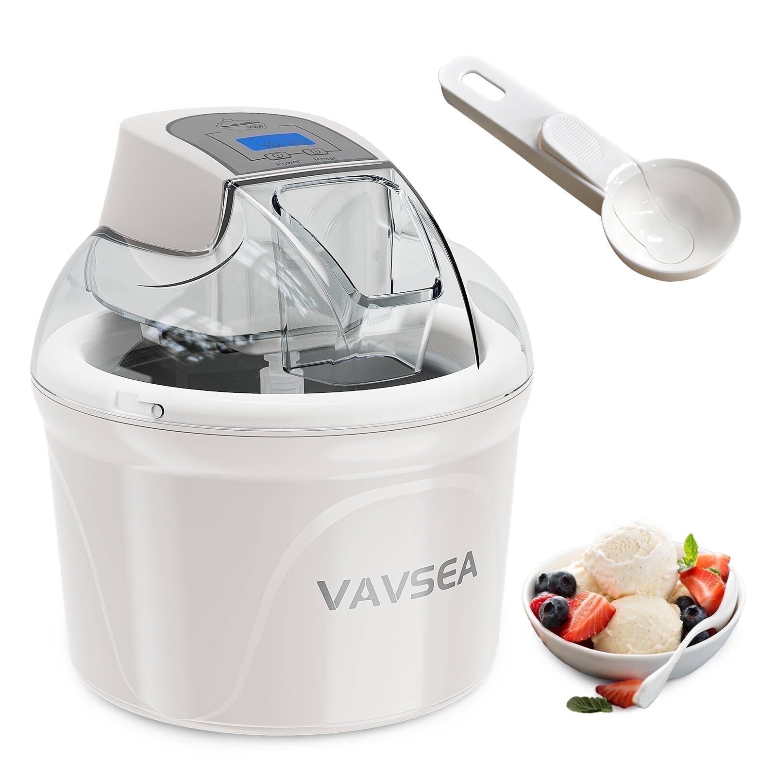 VAVSEA 1.5 Qt Ice Cream Maker with Scoop, Ice Cream Machine with LCD Digital Display & Timer, Double-Insulated Freezer Bowl, Sobert Maker for Gelato, Frozen Yogurt, Drinks, White