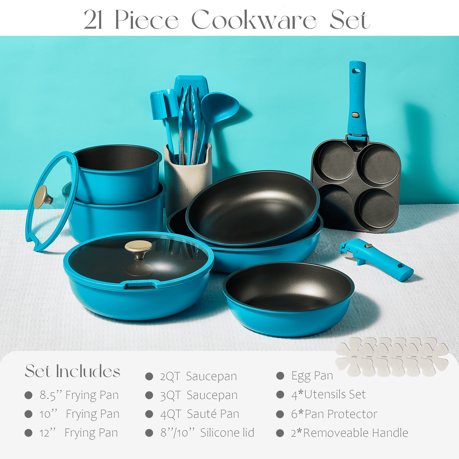 Carote 21 Pcs Nonstick Cookware Sets, Pots and Pans Set with Detachable Handles, Oven/Dishwasher Safe, Stackable Kitchen Cooking Set, Induction Cookware, Peacock Blue
