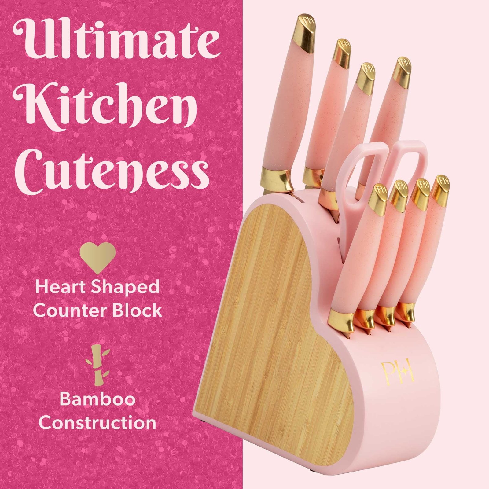 Paris Hilton 10-Piece Heart-Shaped Stainless Steel Knife Block Set, Pink