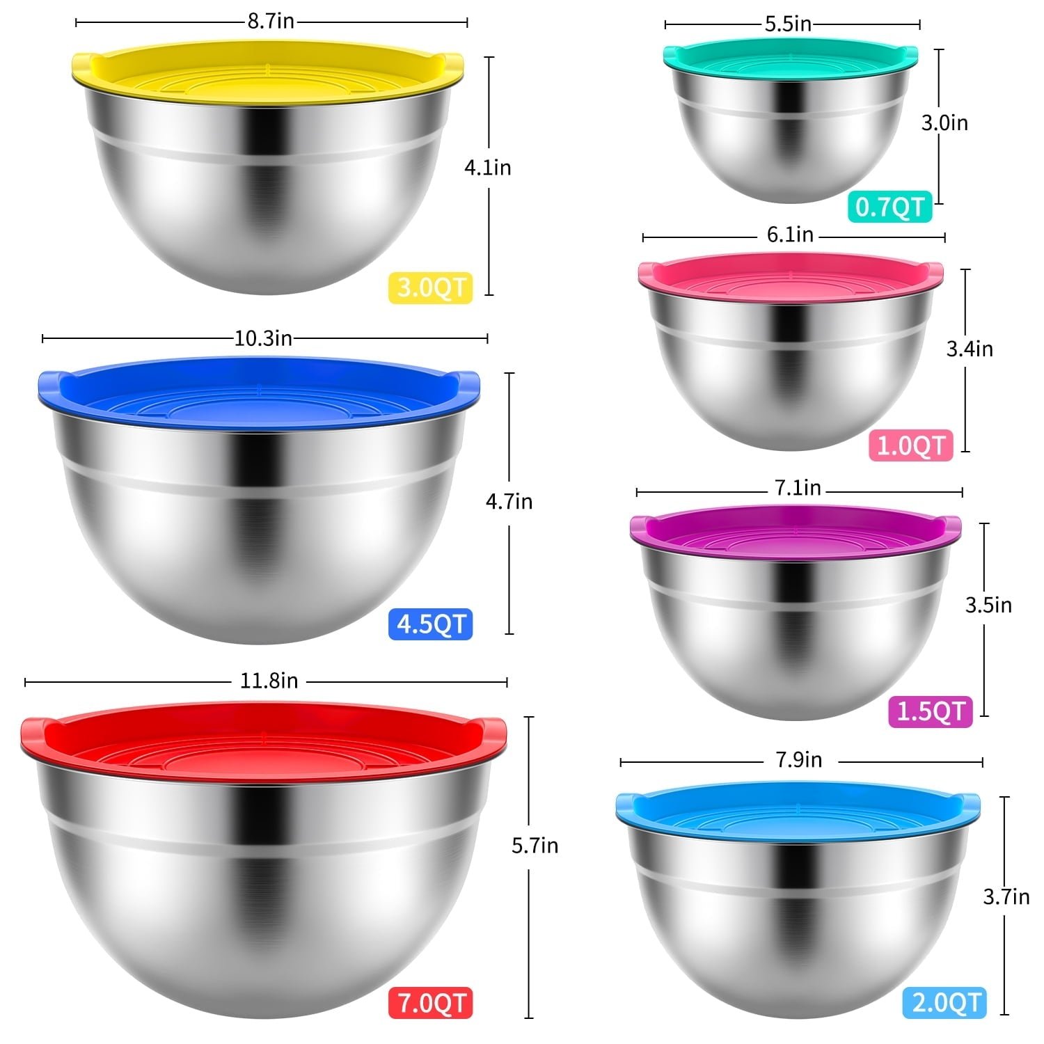 TINANA Mixing Bowls with Lids: 7 Pack Stainless Steel Mixing Bowls Set, Metal Nesting Mixing Bowls for Kitchen, 7/4.5/3.0/2.0/1.5/1.0/0.7QT, Great for Prep, Baking, Serving, Multicolor