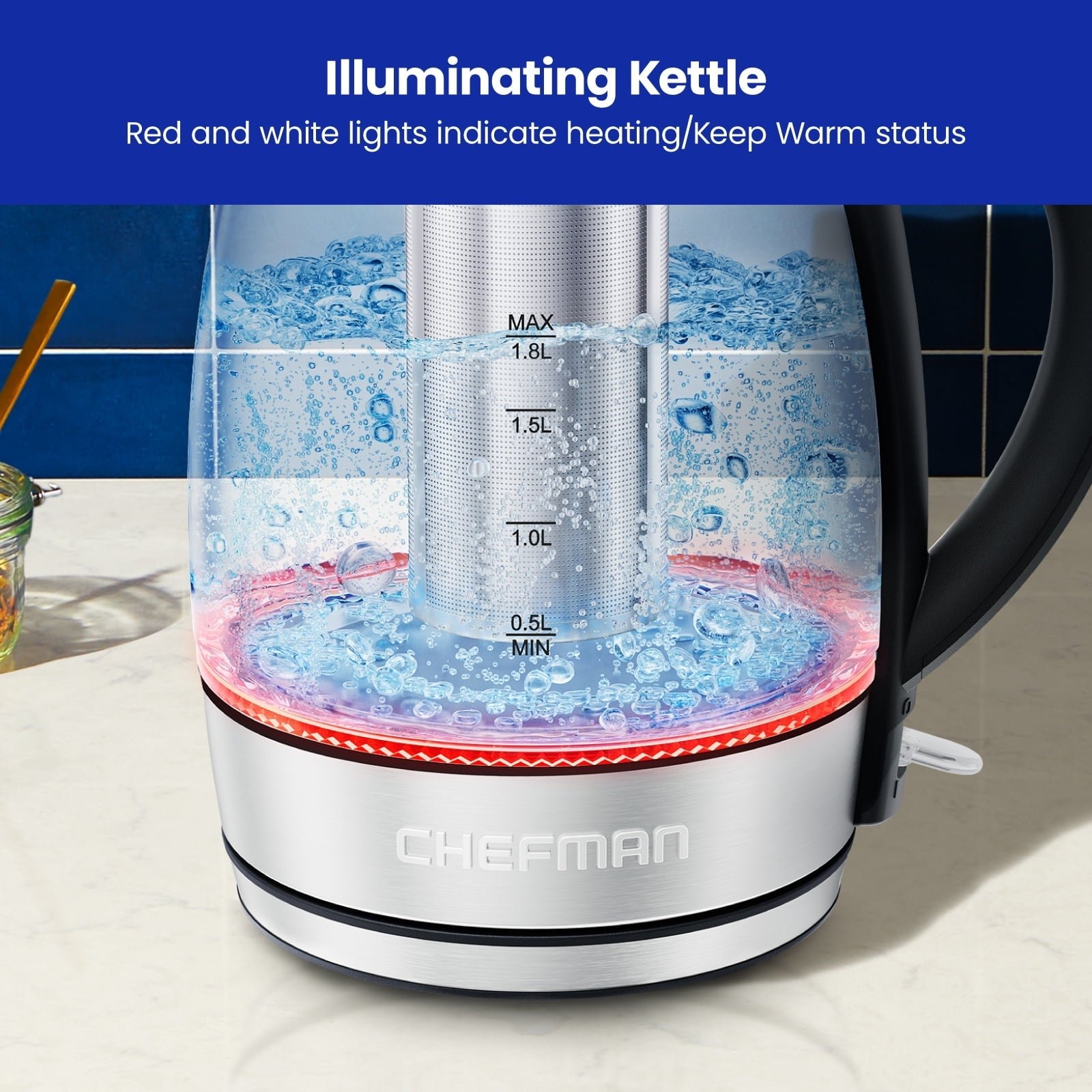 Chefman Rapid-Boil 1.8L Electric Tea Kettle w/ Keep Warm and Tea Infuser - Stainless Steel