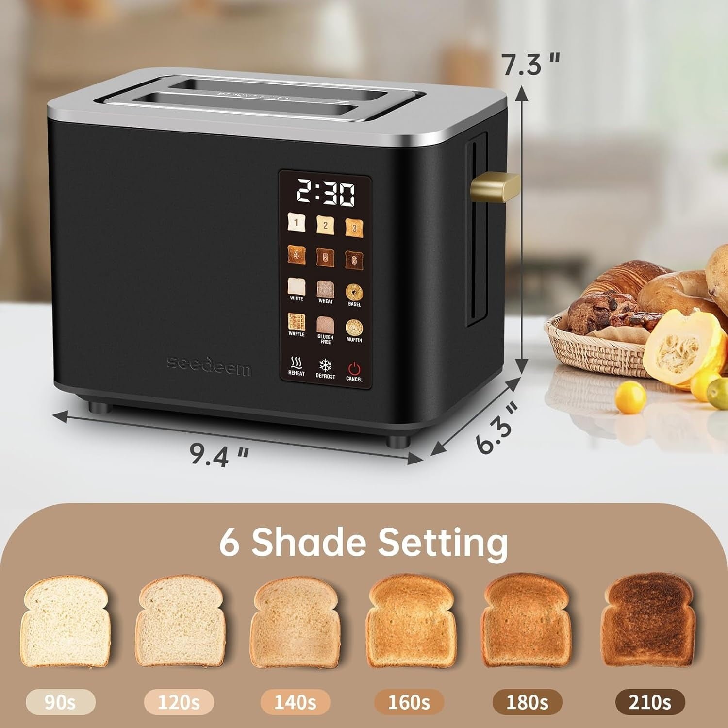Touch Control Screen Toaster, Smart Stainless Toaster, 6 Shade Setting, 6 Bread Selection, Countdown, Removable Crumb Tray, 900W, Peach Pink