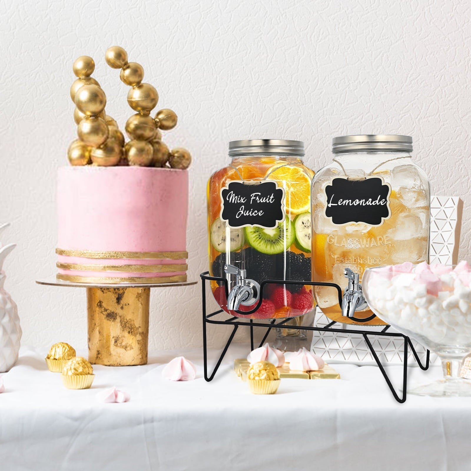 Soulgenix 2 Gallon Glass Drink Dispenser Set, Drink Dispensers for Parties Beverage Dispenser with Stand and Stainless Steel Spigot for Juice, Fruit Tea and Lemonade