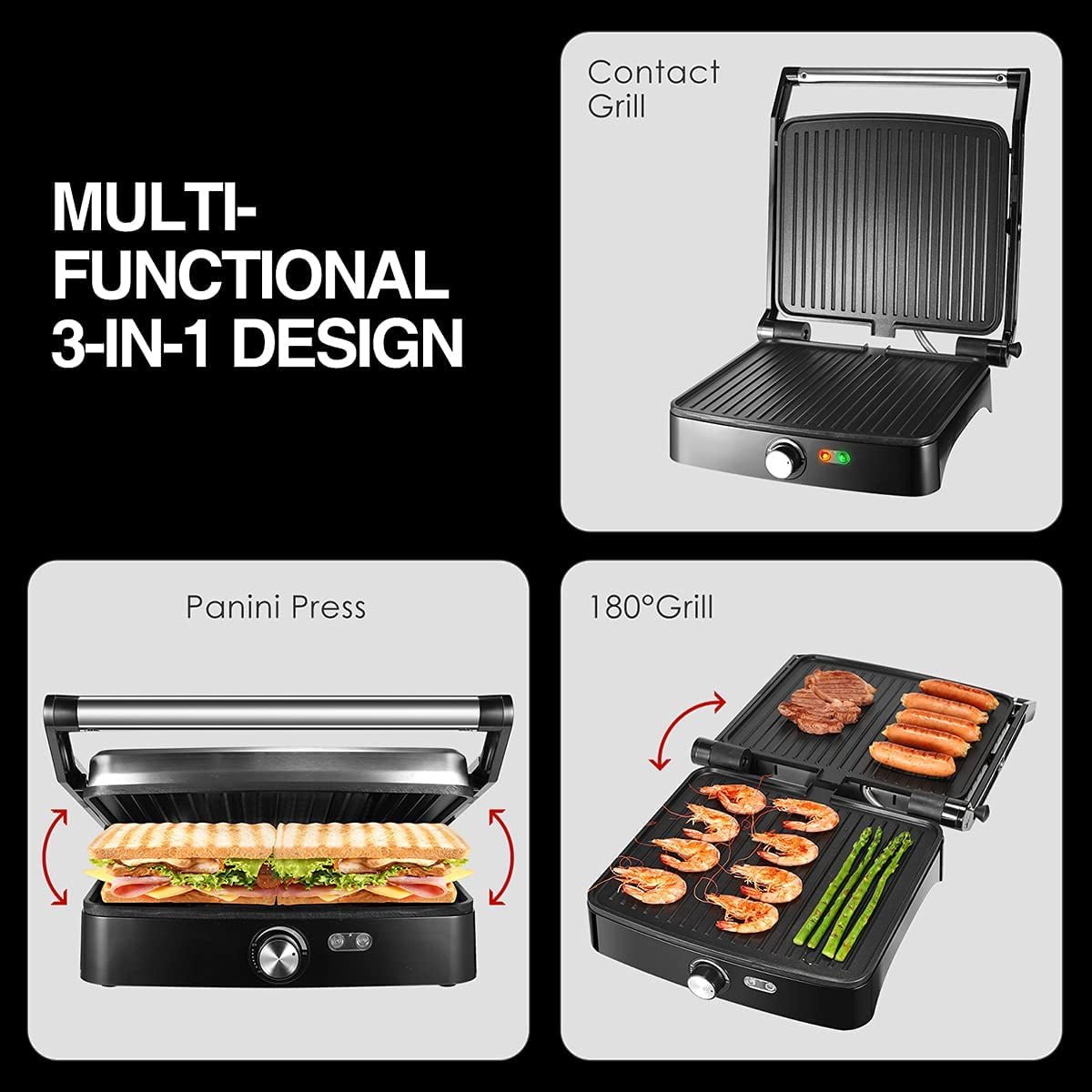OSTBA Panini Press Grill Indoor Grill Sandwich Maker with Temperature Control, 4 Slice Non-stick Versatile Grill, Opens 180 Degrees to Fit Any Type or Size of Food, Removable Drip Tray
