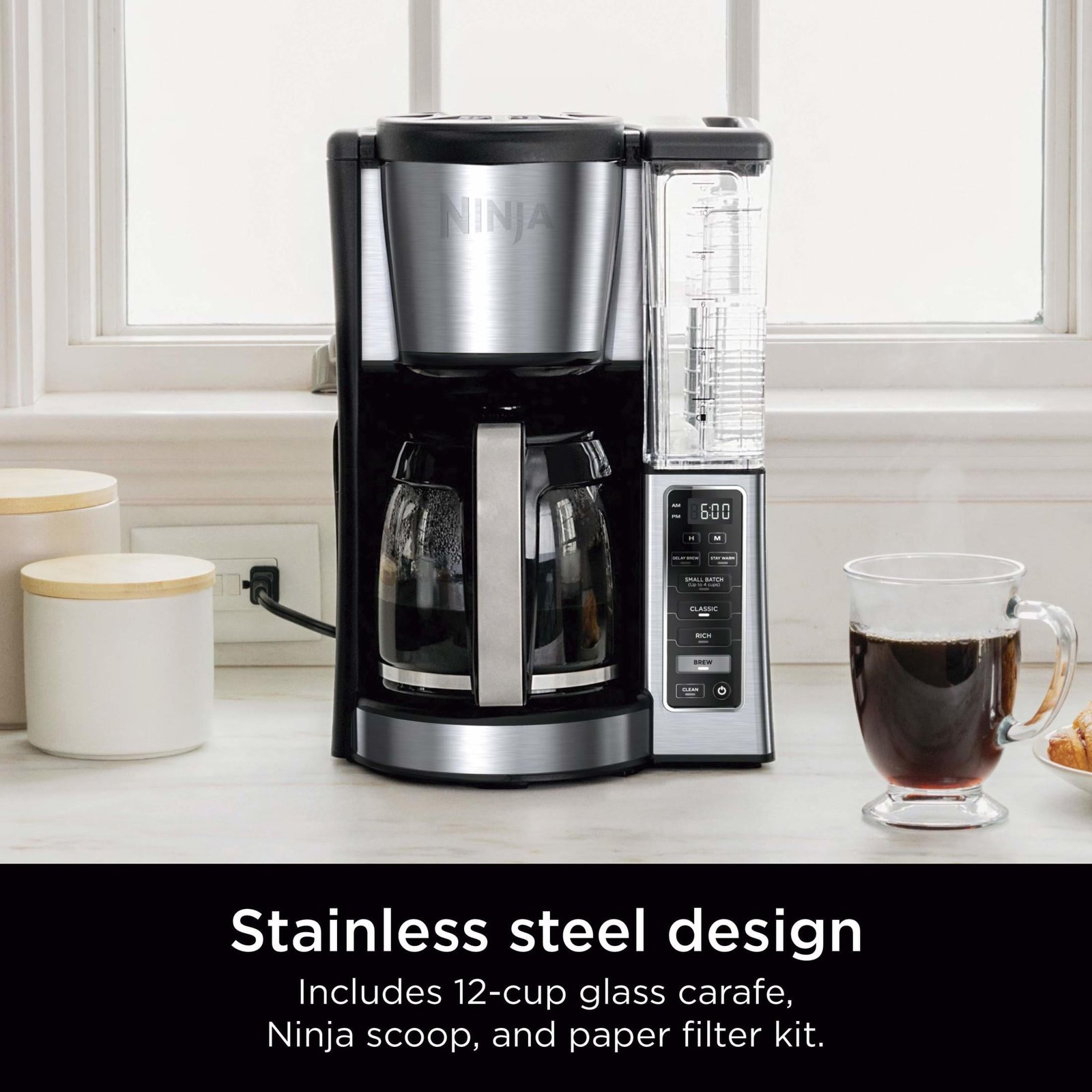 Ninja 12-Cup Stainless Steel Coffee Maker, Glass Carafe, CE250