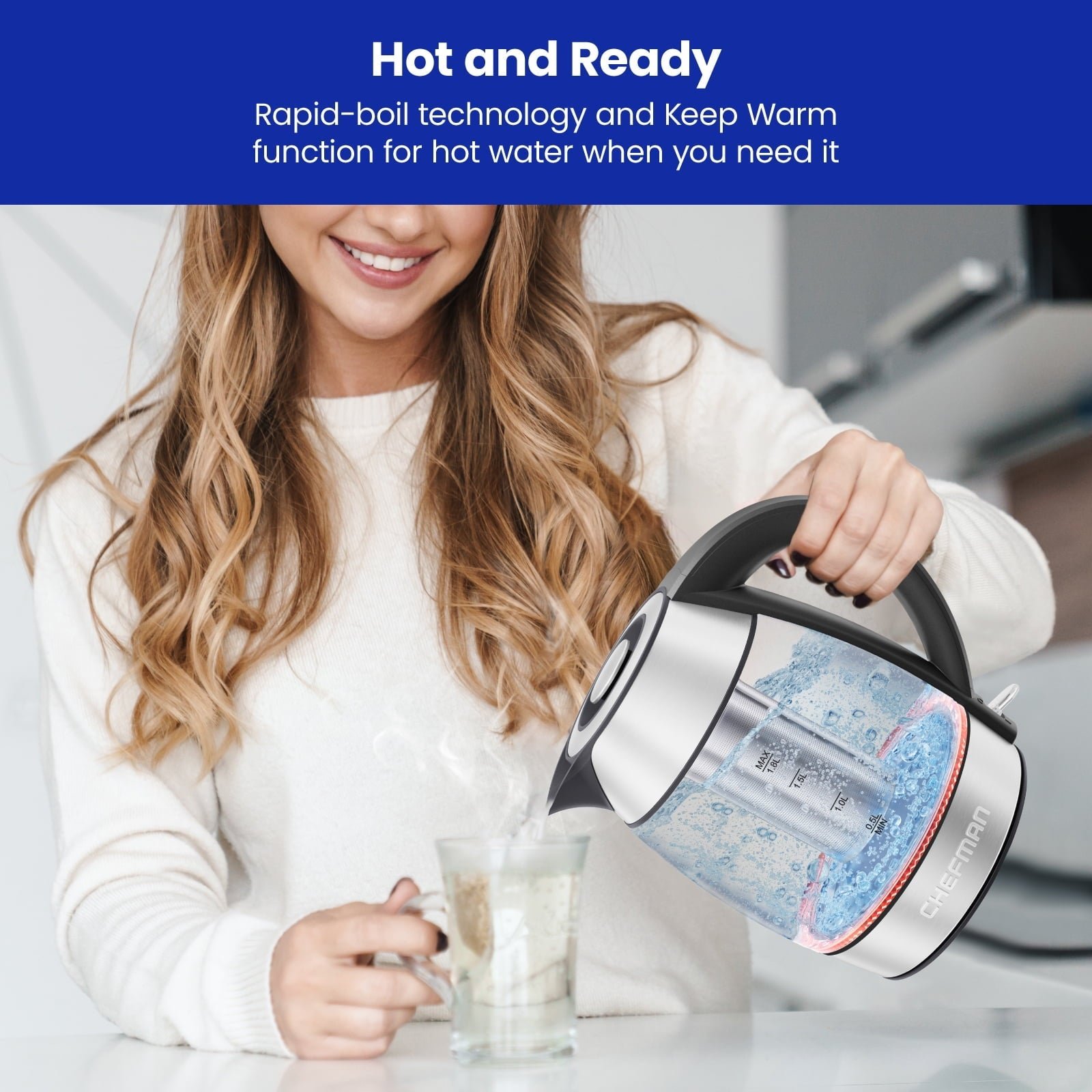 Chefman Rapid-Boil 1.8L Electric Tea Kettle w/ Keep Warm and Tea Infuser - Stainless Steel