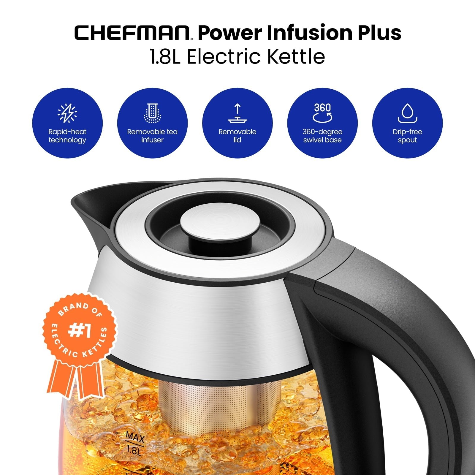 Chefman Rapid-Boil 1.8L Electric Tea Kettle w/ Keep Warm and Tea Infuser - Stainless Steel